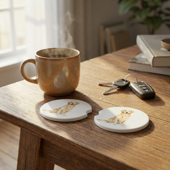 Light Golden Retriever Ceramic Car Coaster Set - styled in car cup holder - Designs by Mysh