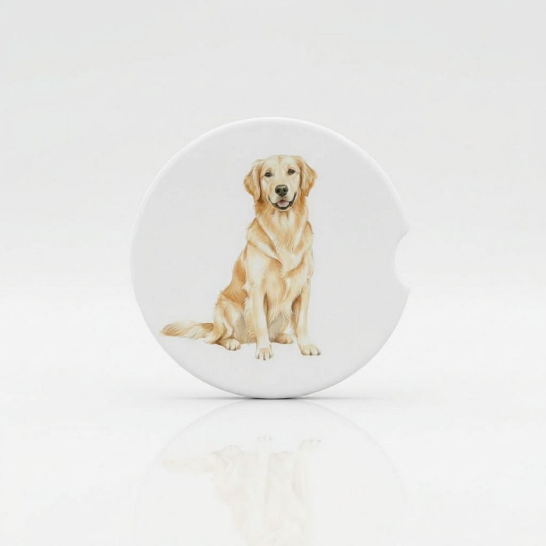 Light Golden Retriever Ceramic Car Coaster Set - single coaster detail - Designs by Mysh