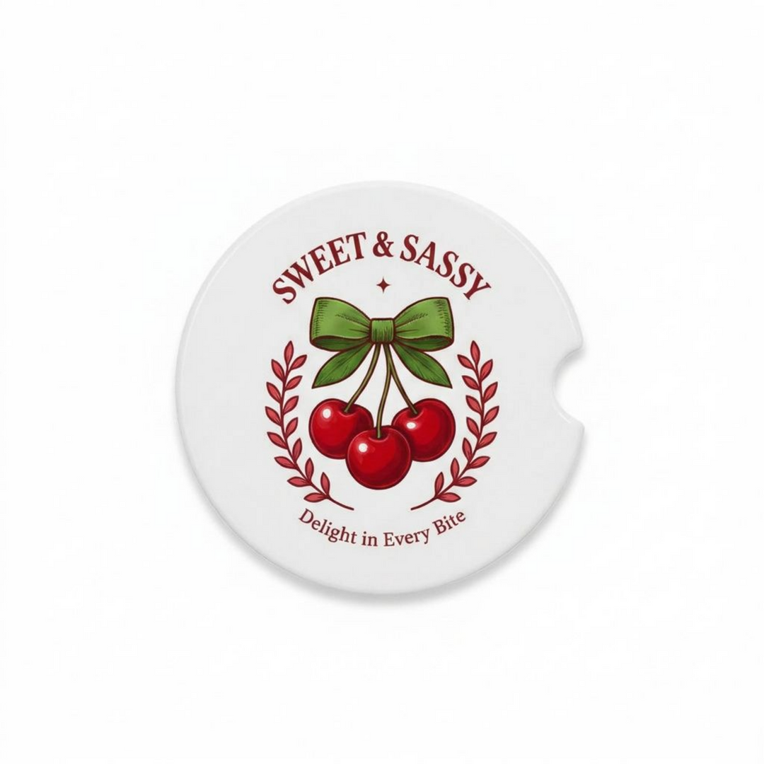 Sweet &amp; Sassy Cherry Ceramic Car Coaster Set - single coaster detail - Designs by Mysh