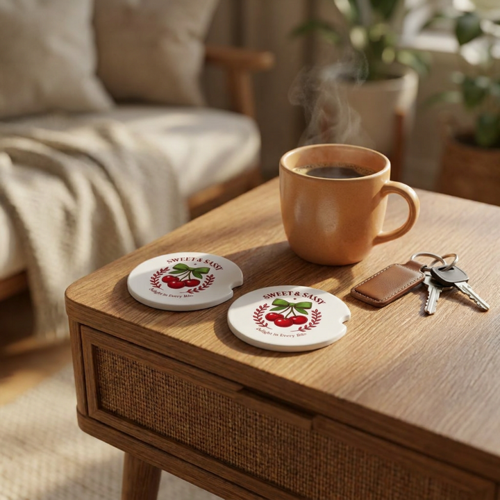 Sweet &amp; Sassy Cherry Ceramic Car Coaster Set - styled in car cup holder - Designs by Mysh