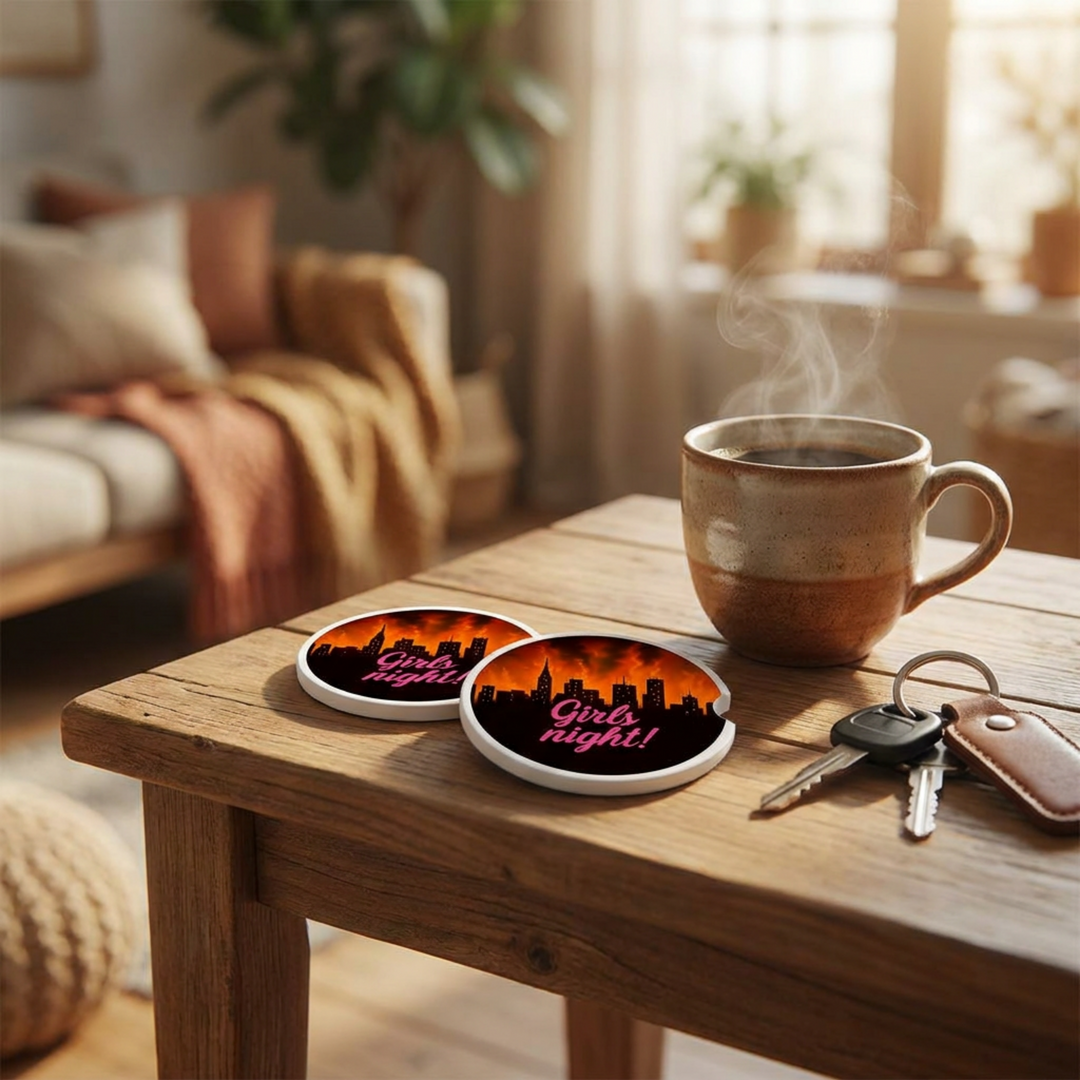 Girls Night! Ceramic Car Coaster Set - styled in car cup holder - Designs by Mysh