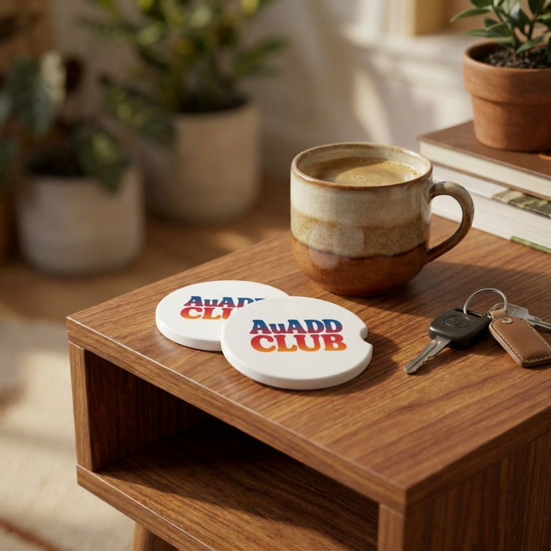 AuADD CLUB Ceramic Car Coaster Set - styled in car cup holder - Designs by Mysh