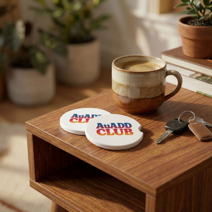 AuADD CLUB Ceramic Car Coaster Set - styled in car cup holder - Designs by Mysh
