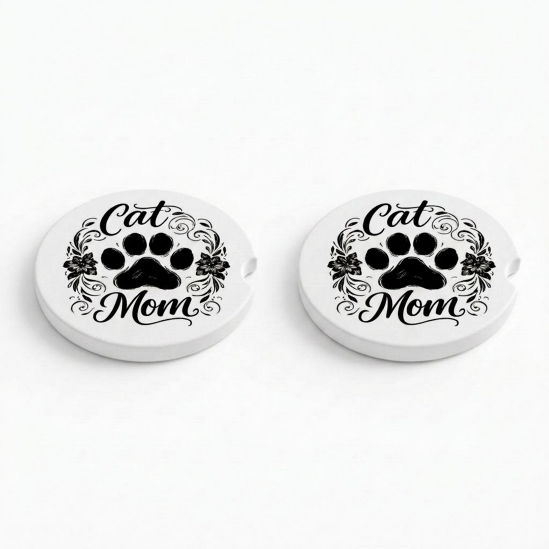 Cat Mom Ceramic Car Coaster Set - black paw print design - Designs by Mysh