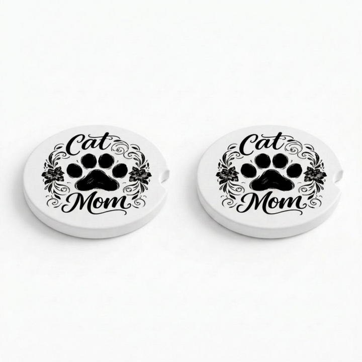 Cat Mom Ceramic Car Coaster Set - black paw print design - Designs by Mysh
