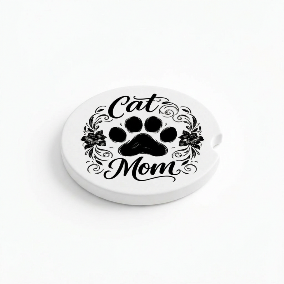 Cat Mom Ceramic Car Coaster Set - single coaster detail - Designs by Mysh