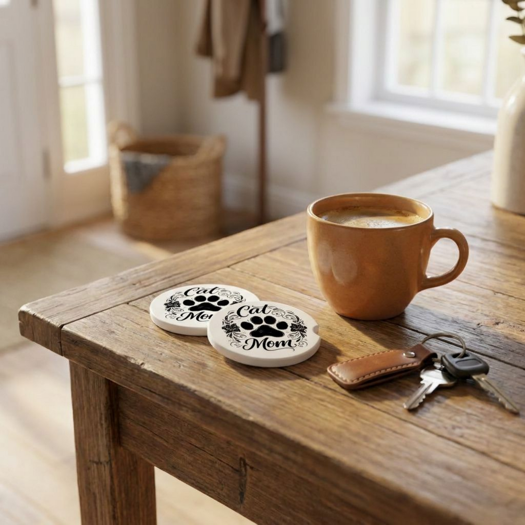 Cat Mom Ceramic Car Coaster Set - styled in car cup holder - Designs by Mysh
