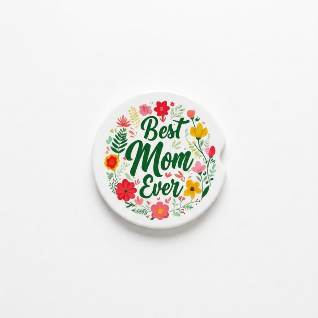 Best Mom Ever Ceramic Car Coaster Set - single coaster detail - Designs by Mysh