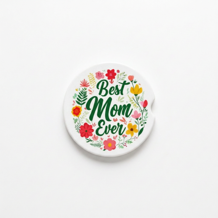Best Mom Ever Ceramic Car Coaster Set - single coaster detail - Designs by Mysh