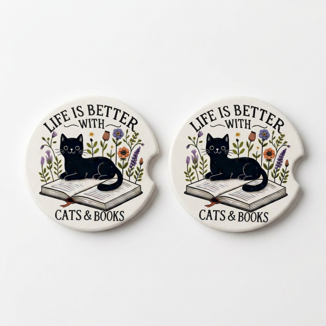 Life is Better with Cats and Books Ceramic Car Coaster Set - design detail - Designs by Mysh