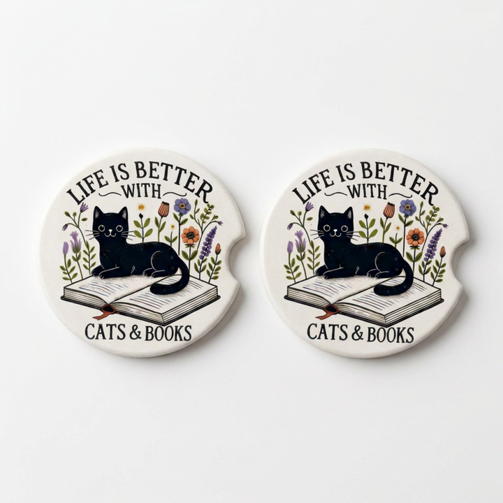 Life is Better with Cats and Books Ceramic Car Coaster Set - design detail - Designs by Mysh