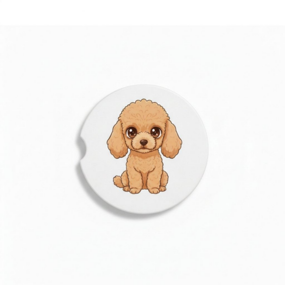 Single round ceramic car coaster featuring a kawaii-style illustration of a Poodle with an apricot coat, sold individually.