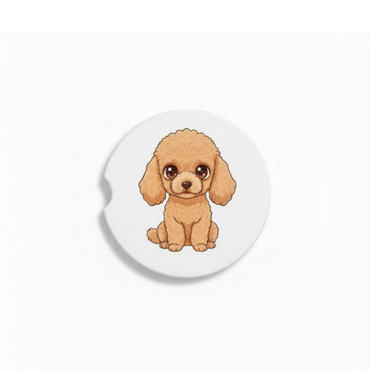 Single round ceramic car coaster featuring a kawaii-style illustration of a Poodle with an apricot coat, sold individually.