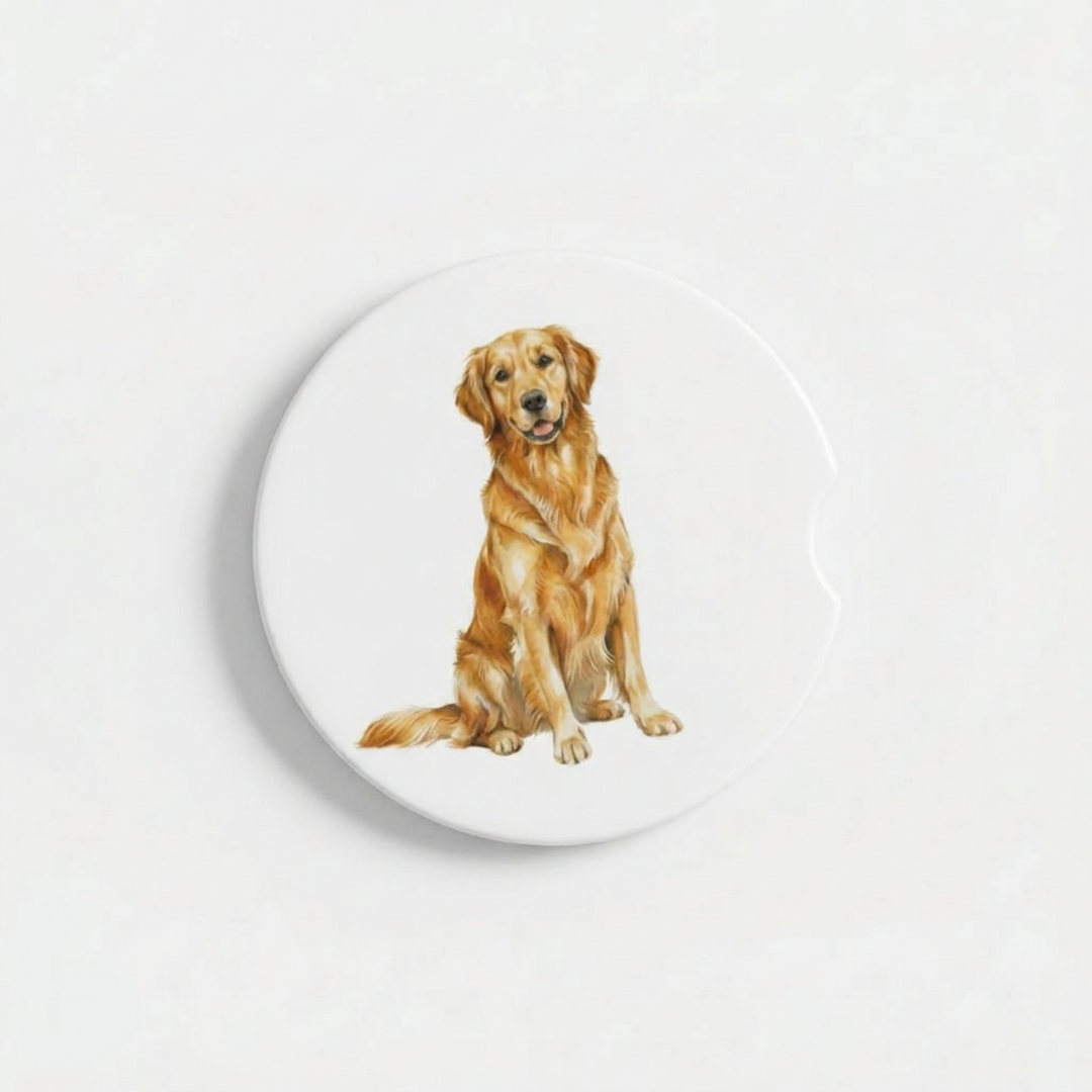 Golden Retriever Ceramic Car Coaster Set - single coaster detail - Designs by Mysh