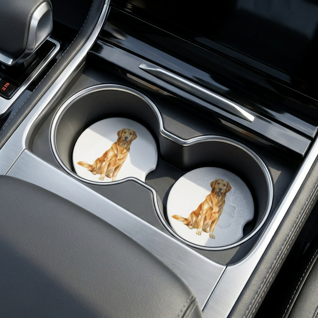 Golden Retriever Ceramic Car Coaster Set – Dog Lover Gift | Absorbent Car Cup Holder Inserts (Set of 2)