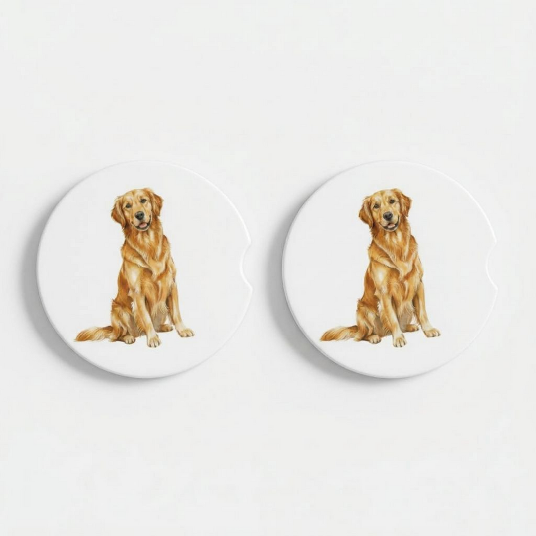 Golden Retriever Ceramic Car Coaster Set - dog design - Designs by Mysh