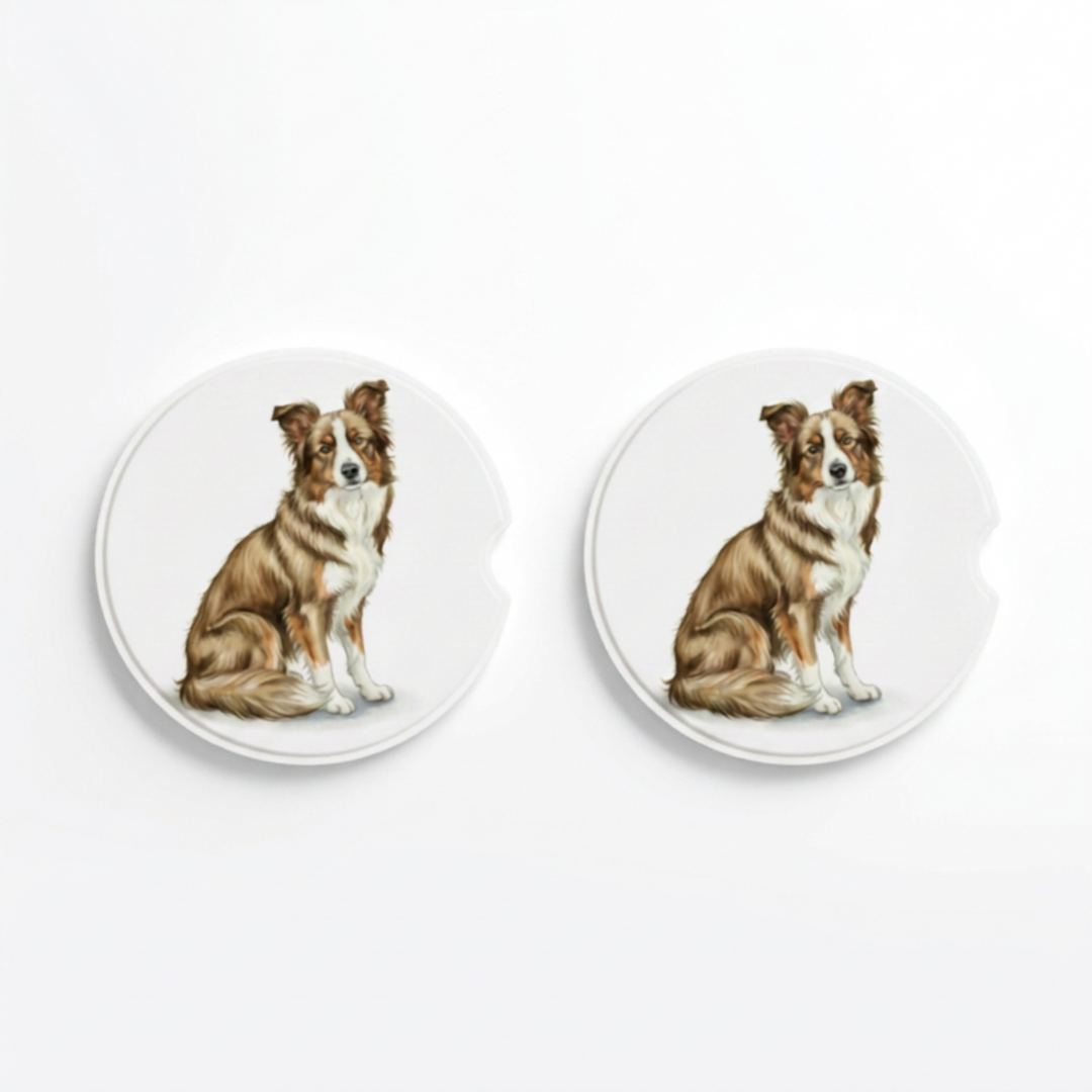 Set of two round ceramic car coasters featuring a watercolor-style illustration of a Border Collie with a sable tri-color coat.