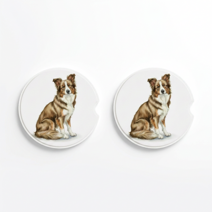 Set of two round ceramic car coasters featuring a watercolor-style illustration of a Border Collie with a sable tri-color coat.