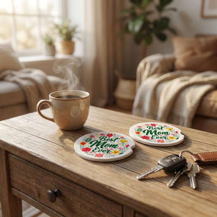Best Mom Ever Ceramic Car Coaster Set - styled in car cup holder - Designs by Mysh