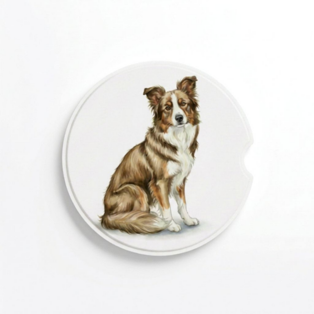 Single round ceramic car coaster featuring a watercolor-style illustration of a Border Collie with a sable tri-color coat, sold individually.