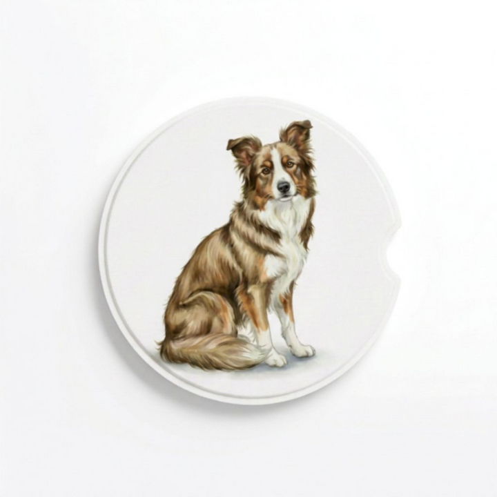 Single round ceramic car coaster featuring a watercolor-style illustration of a Border Collie with a sable tri-color coat, sold individually.