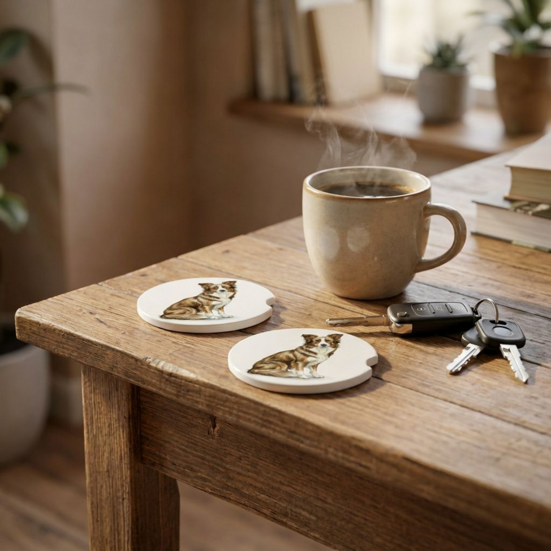 Border Collie car coasters with a sable tri-color coat styled on a wooden side table beside a steaming coffee mug and a set of keys.