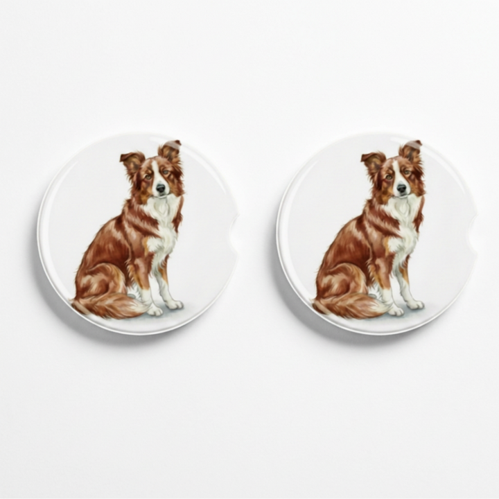 Set of two round ceramic car coasters featuring a watercolor-style illustration of a Border Collie with a red merle coat.