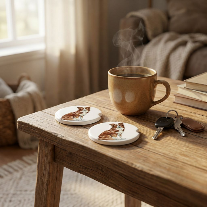 Border Collie car coasters with a red merle coat styled on a wooden side table beside a steaming coffee mug and a set of keys.