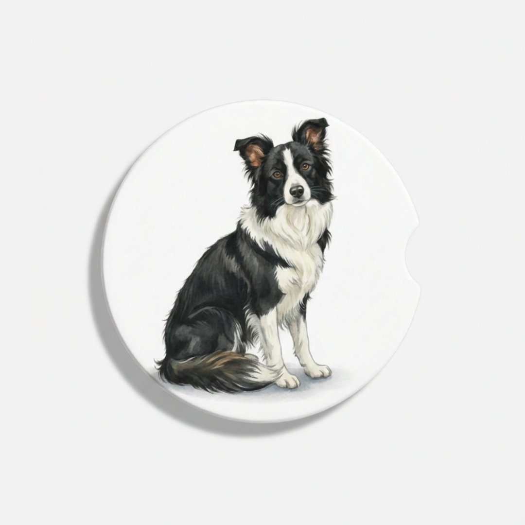 Single round ceramic car coaster featuring a watercolor-style illustration of a Border Collie with a black and white coat, sold individually.