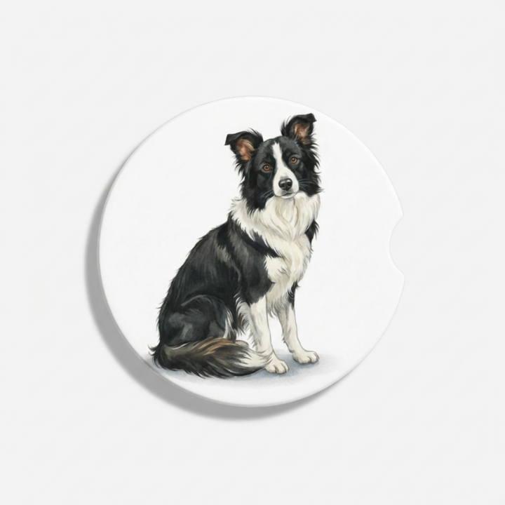 Single round ceramic car coaster featuring a watercolor-style illustration of a Border Collie with a black and white coat, sold individually.
