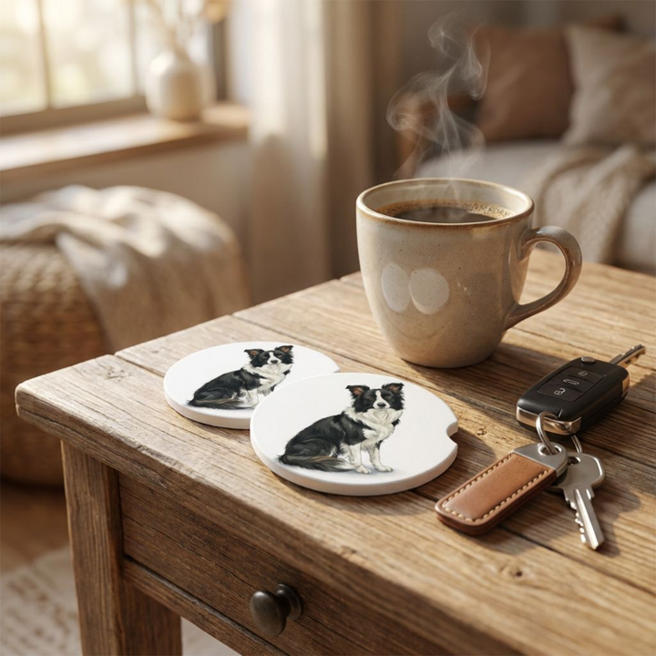 Border Collie car coasters with a black and white coat styled on a wooden side table beside a steaming coffee mug and a set of keys.