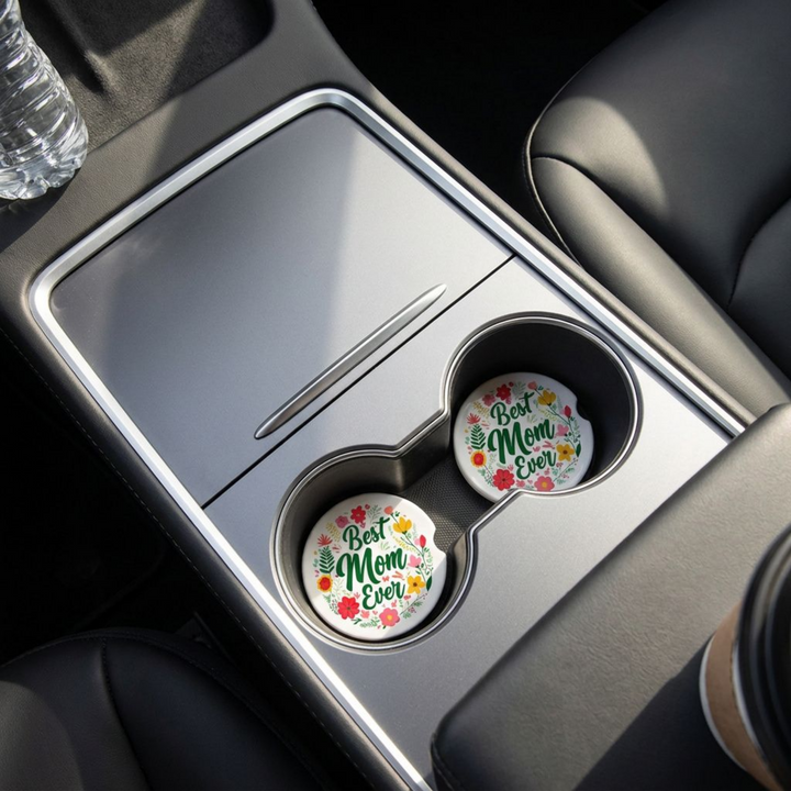 Best Mom Ever Ceramic Car Coaster set of 2, Floral Ceramic Car Accessory, Mother&