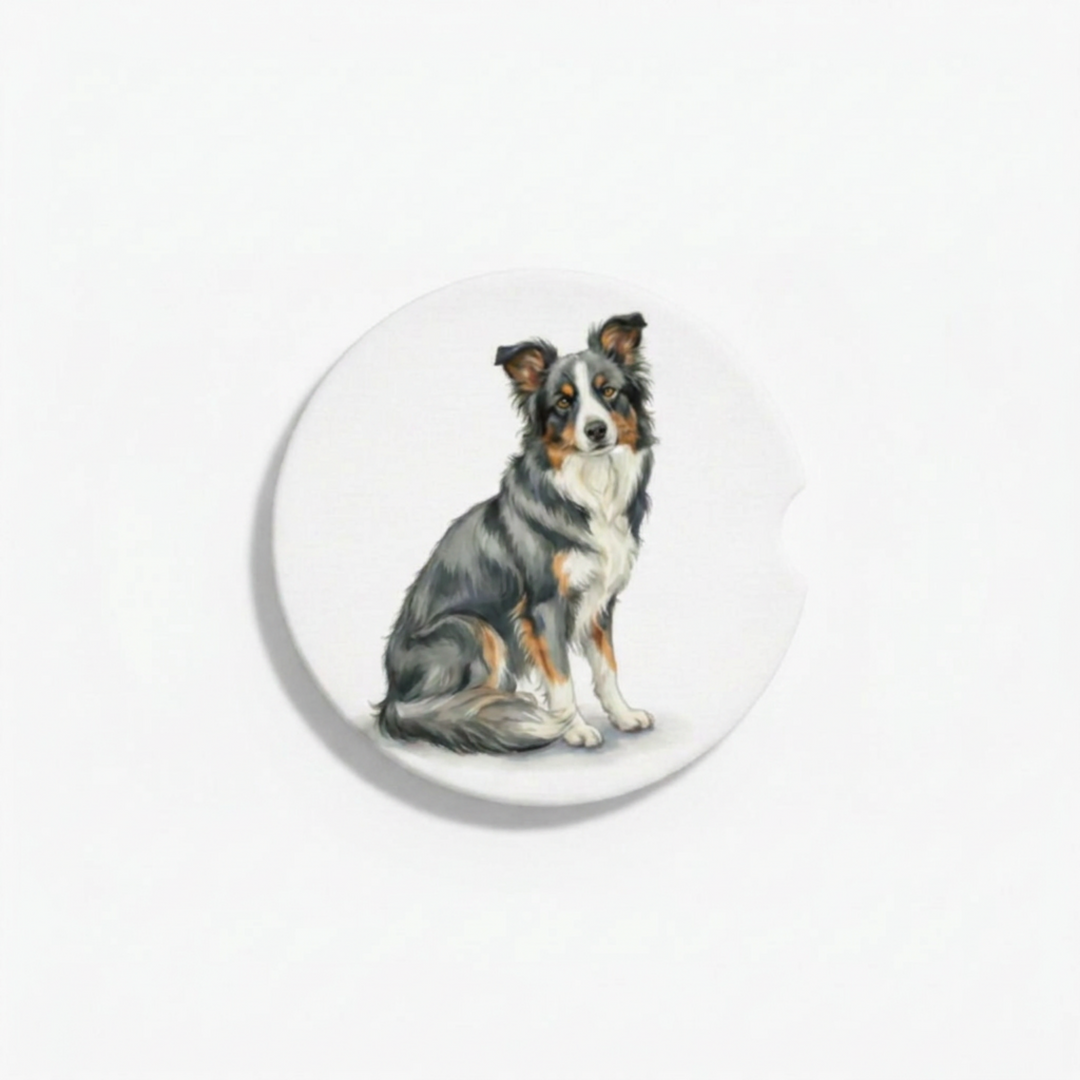 Single round ceramic car coaster featuring a watercolor-style illustration of a Border Collie with a blue tri-color coat, sold individually.