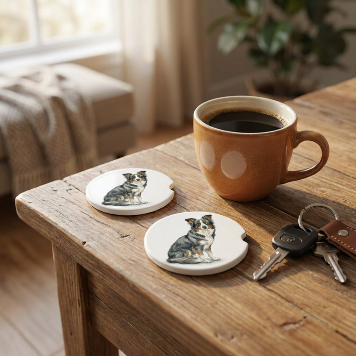 Border Collie car coasters with a blue tri-color coat styled on a wooden side table beside a steaming coffee mug and a set of keys.