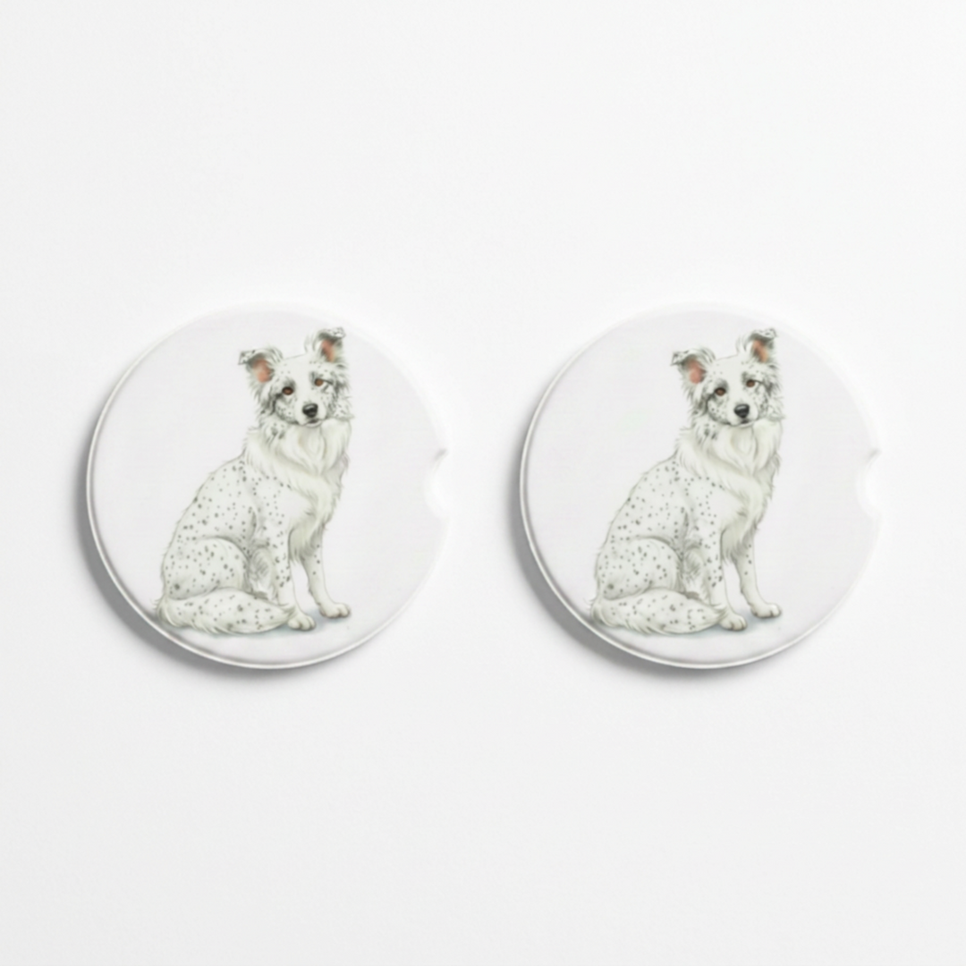 Set of two round ceramic car coasters featuring a watercolor-style illustration of a Border Collie with a white coat with ticking.
