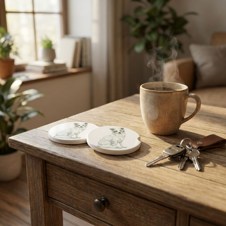 Border Collie car coasters with a white coat with ticking styled on a wooden side table beside a steaming coffee mug and a set of keys.
