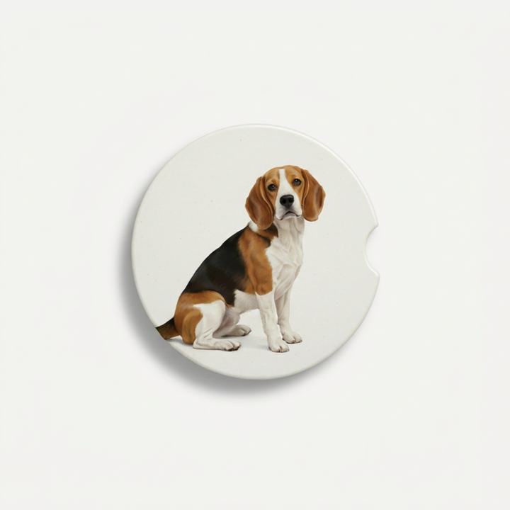 Single round ceramic car coaster featuring a watercolor-style illustration of a Beagle with a red and white coat, sold individually.