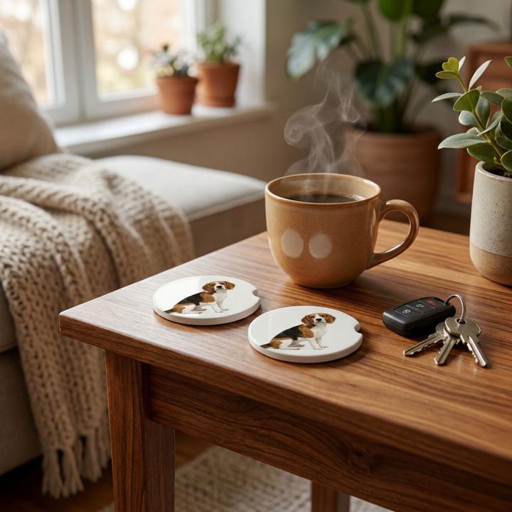 Beagle car coasters with a red and white coat styled on a wooden side table beside a steaming coffee mug and a set of keys.