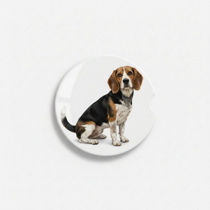 Single round ceramic car coaster featuring a watercolor-style illustration of a Beagle with a black, tan, and bluetick coat, sold individually.