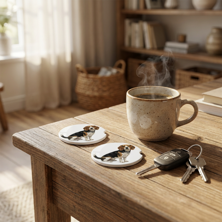Beagle car coasters with a black, tan, and bluetick coat styled on a wooden side table beside a steaming coffee mug and a set of keys.