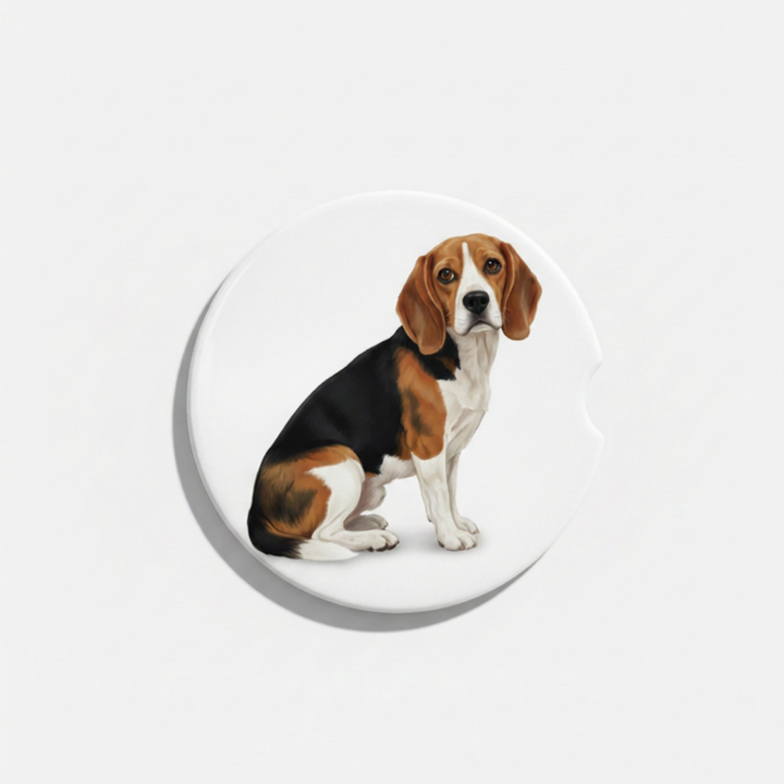 Single round ceramic car coaster featuring a watercolor-style illustration of a Beagle with a black, red, and white coat, sold individually.