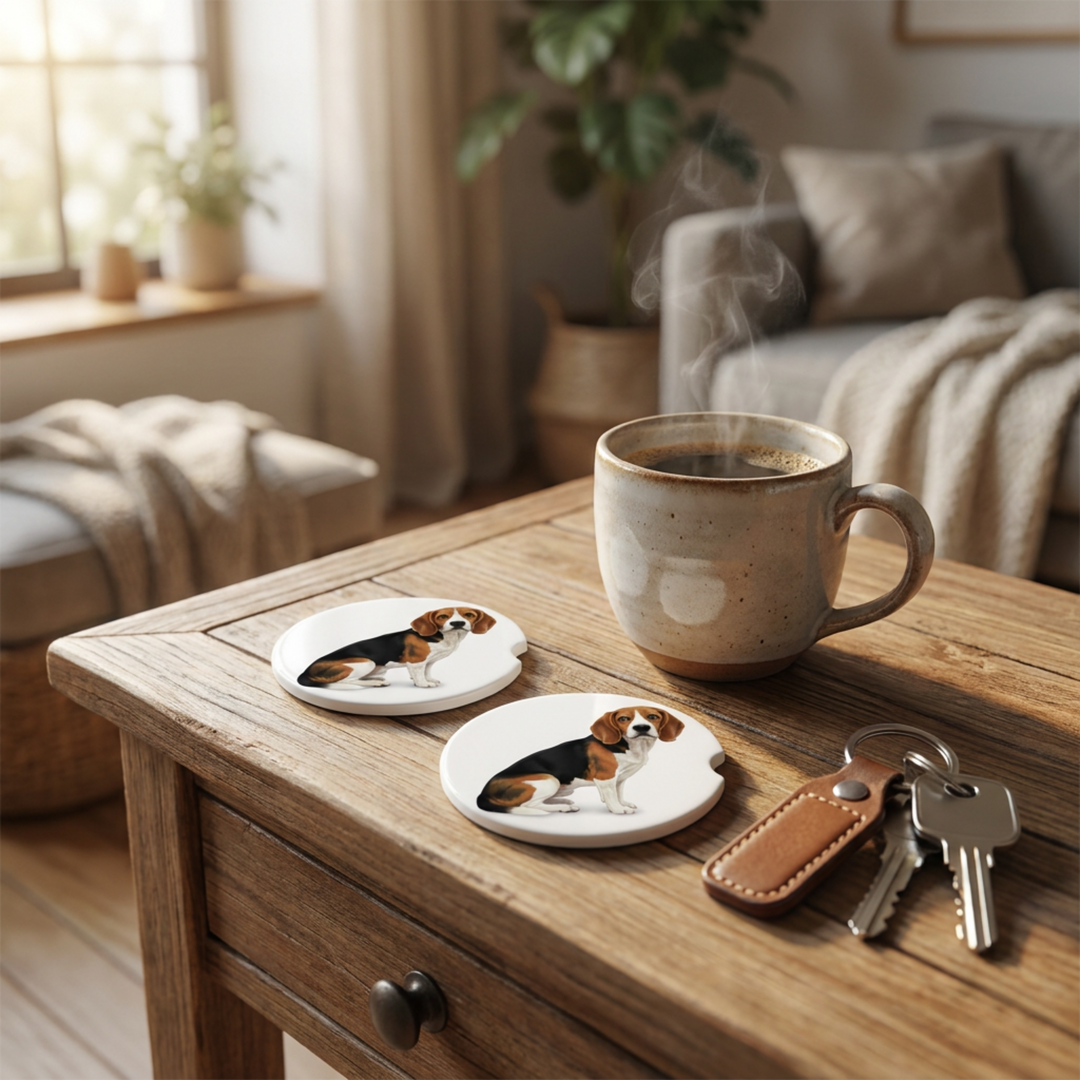 Beagle car coasters with a black, red, and white coat styled on a wooden side table beside a steaming coffee mug and a set of keys.