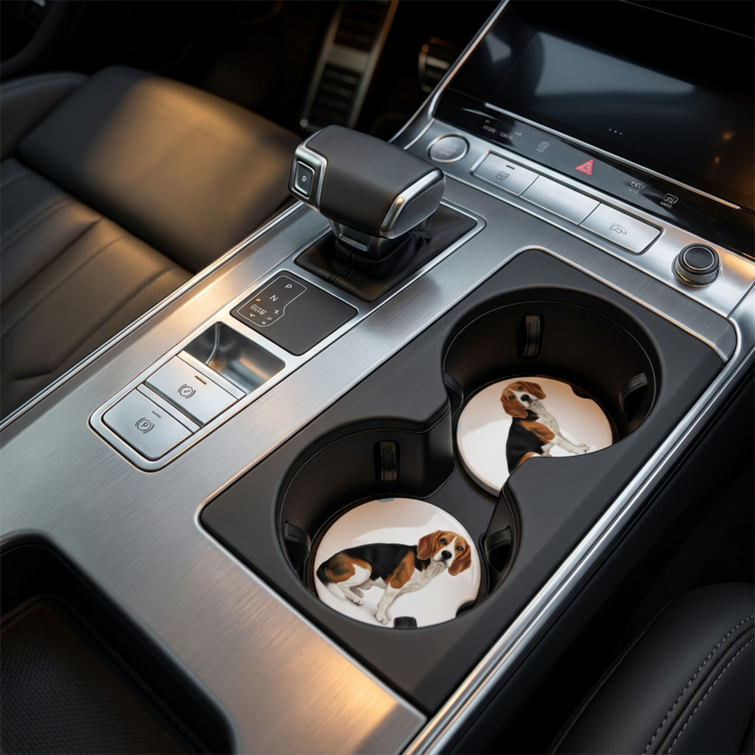 Beagle car coaster with a black, red, and white coat placed in a vehicle&