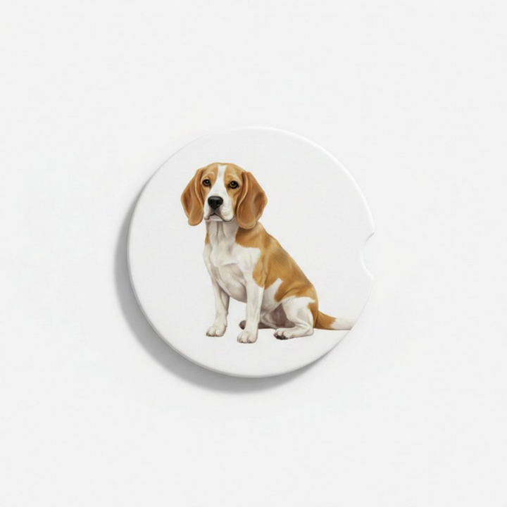 Single round ceramic car coaster featuring a watercolor-style illustration of a Beagle with a lemon and white coat, sold individually.