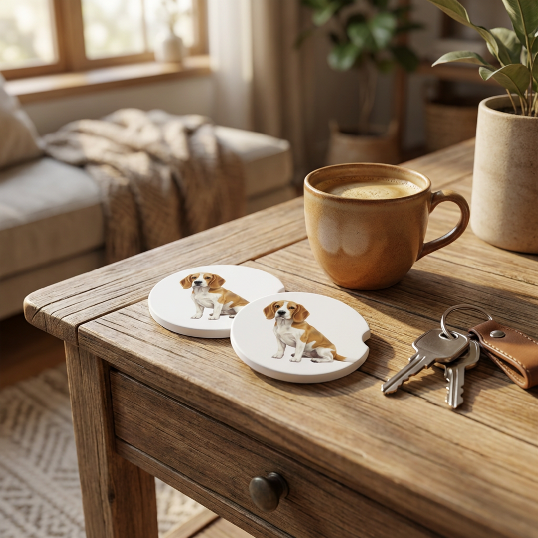 Beagle car coasters with a lemon and white coat styled on a wooden side table beside a steaming coffee mug and a set of keys.