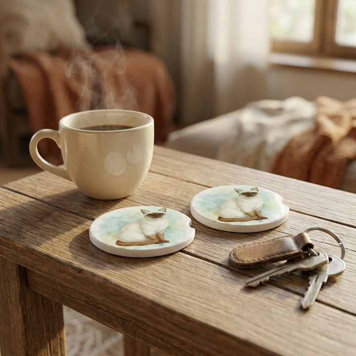 Siamese cat car coasters with a color point coat styled on a wooden side table beside a steaming coffee mug and a set of keys.