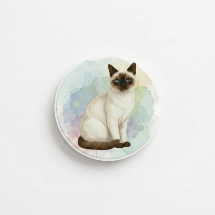 Single round ceramic car coaster featuring a watercolor-style illustration of a Siamese cat with a seal point coat, sold individually.