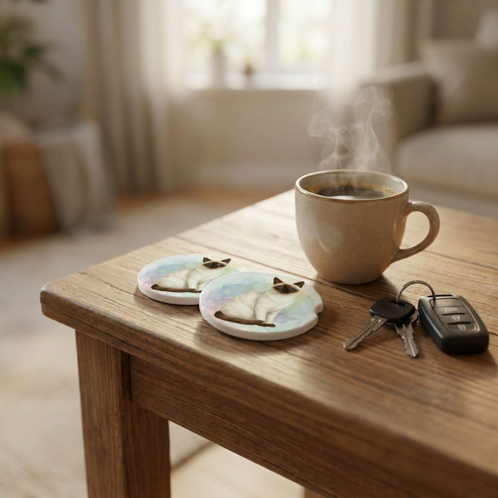 Siamese cat car coasters with a seal point coat styled on a wooden side table beside a steaming coffee mug and a set of keys.
