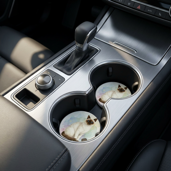 Siamese cat car coaster with a seal point coat placed in a vehicle&