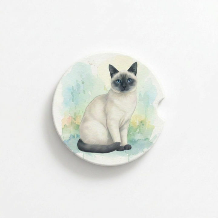 Single round ceramic car coaster featuring a watercolor-style illustration of a Siamese cat with a blue point coat, sold individually.